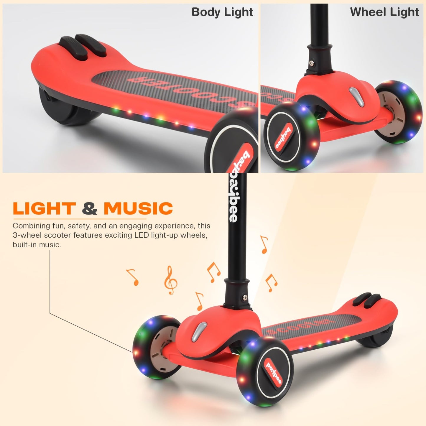 Baybee Cruze Pro Kick Scooter for Kids | Foldable Kids Scooter with 3 Height Adjustable Handle & Brake | Skate Scooter with Lights & Music | Runner Scooter for Kids 2 to 8 Years Boys Girls