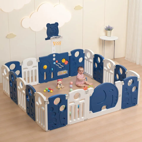 Baybee 2-in-1 Foldable Kids Playpen with Basketball Set & Sensory Toys Baby Play Yard with Safety Lock for 0-5 Years (16 Panel) Baybee India