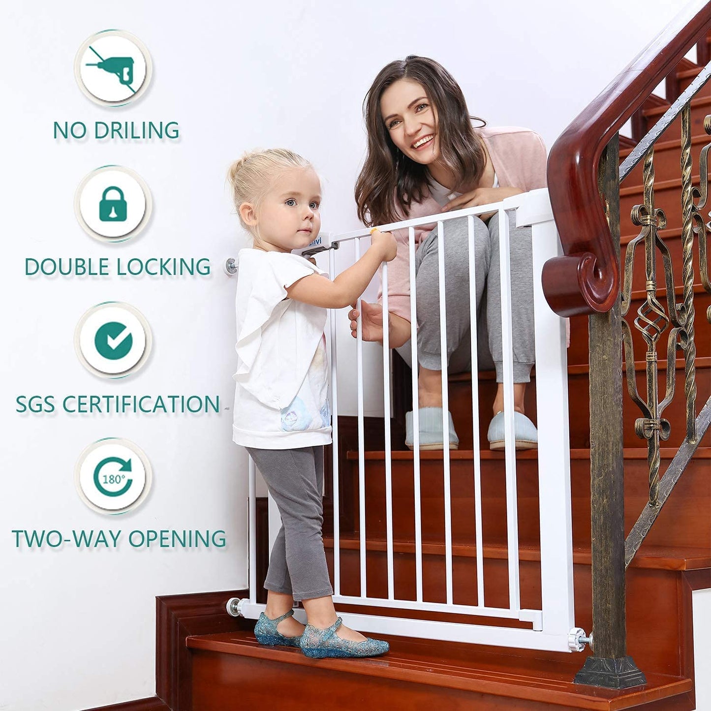 Baybee Auto-Close Baby Safety Gate, Extra Tall Walk-Thru Child Gate for Stairs (White, 75–85 cm) BAYBEE