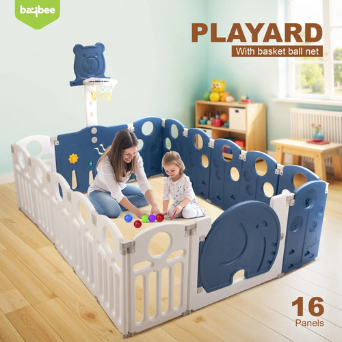 Baybee 2-in-1 Foldable Kids Playpen with Basketball Set & Sensory Toys Baby Play Yard with Safety Lock for 0-5 Years (16 Panel) Baybee India