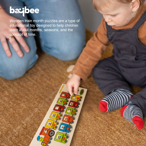 BAYBEE Toddlers Train Theme with Passenger & Months Name Educational Learning Knob Pegged Puzzle for Kids Early Reading Practice Toy for Pre-Schoolers BAYBEE