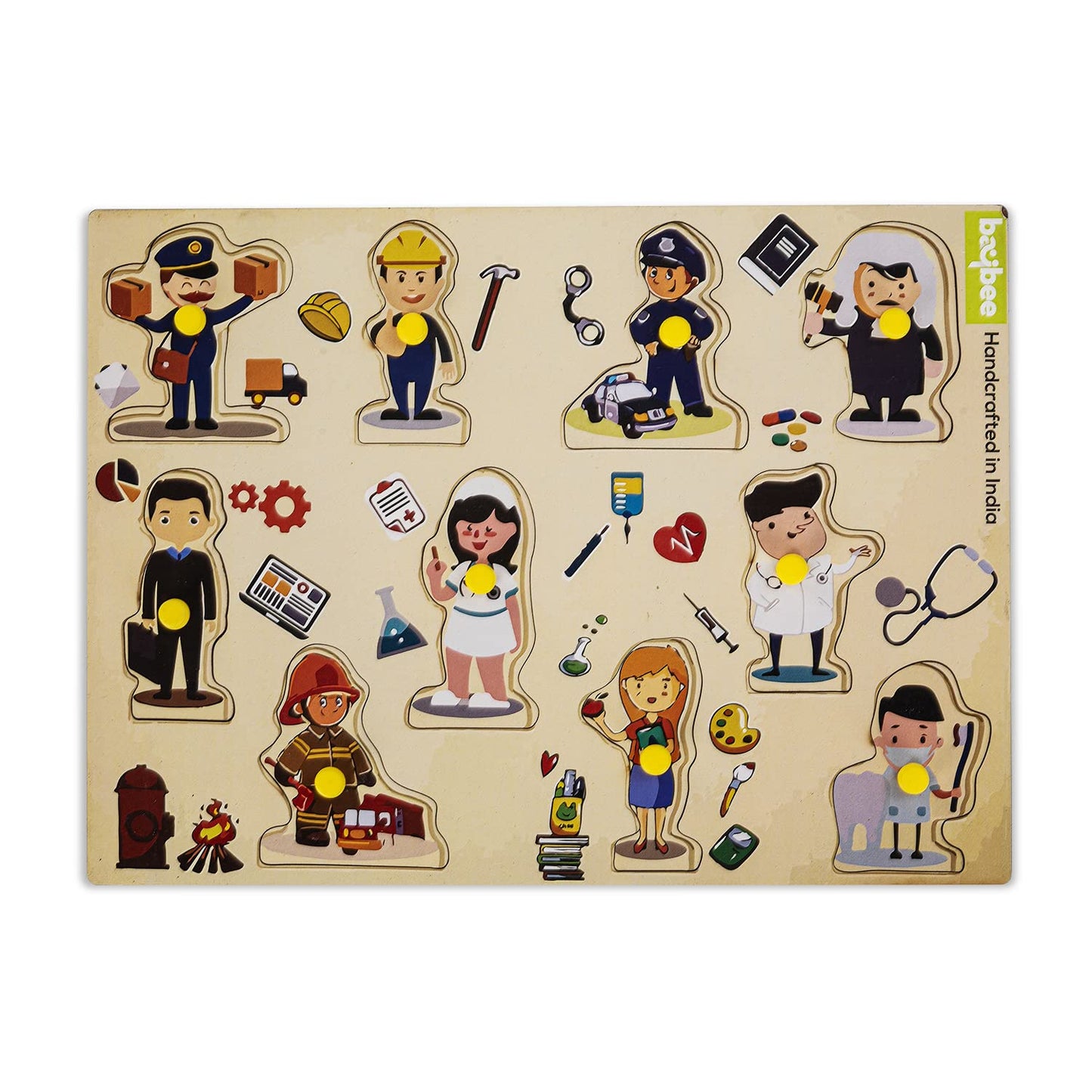 BAYBEE Community Helpers Wooden Puzzle Games for Kids with Easy Pulling Knob 10 Pcs