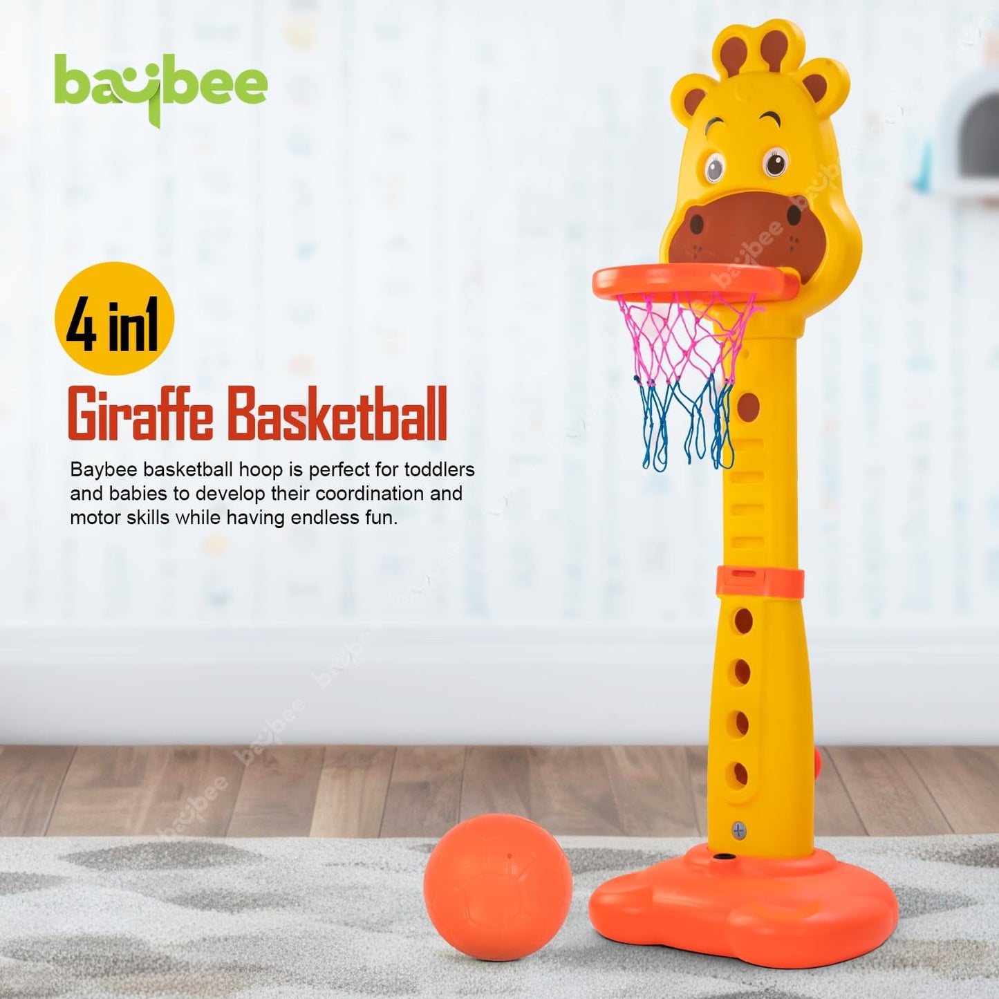 Baybee 4 in 1 Basketball for Kids with 6 Height Adjustable Stand, Basketball Hoop & Ring | Kids Basket Ball Set at Home | Preschool Kids Play Area Indoor & Outdoor for Kids Age 3+ Years