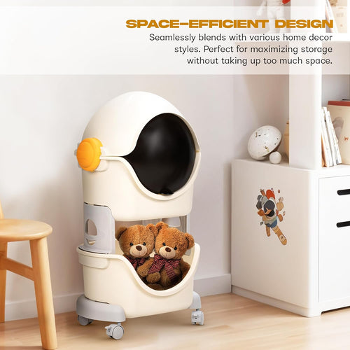 BAYBEE Astronaut Toy Storage Organizer for Kids | 2-Level Detachable Rolling Cart with Center-Locking Wheels | Bookshelf  Rack with Dust-Proof Flip Door BAYBEE