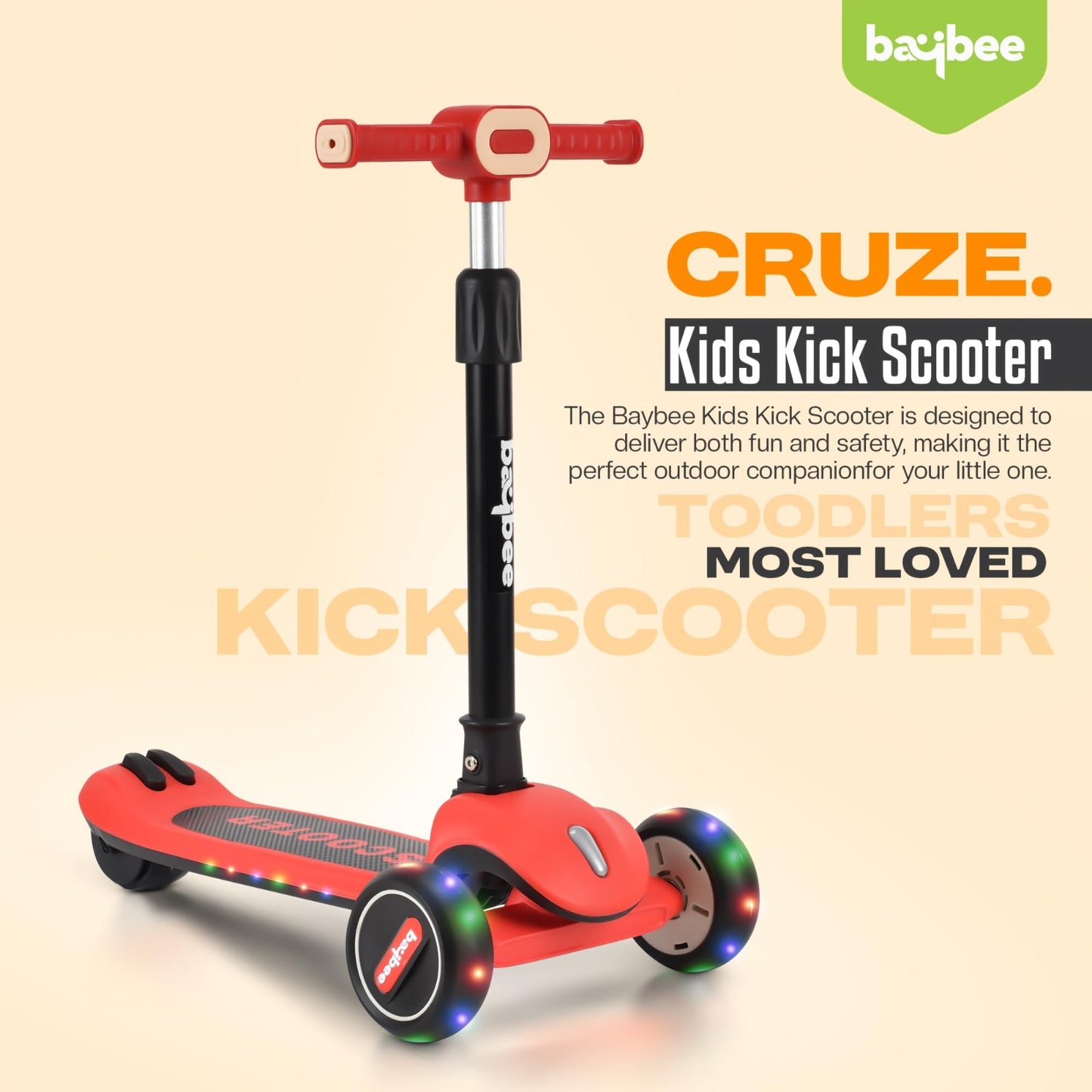 Baybee Cruze Pro Kick Scooter for Kids | Foldable Kids Scooter with 3 Height Adjustable Handle & Brake | Skate Scooter with Lights & Music | Runner Scooter for Kids 2 to 8 Years Boys Girls