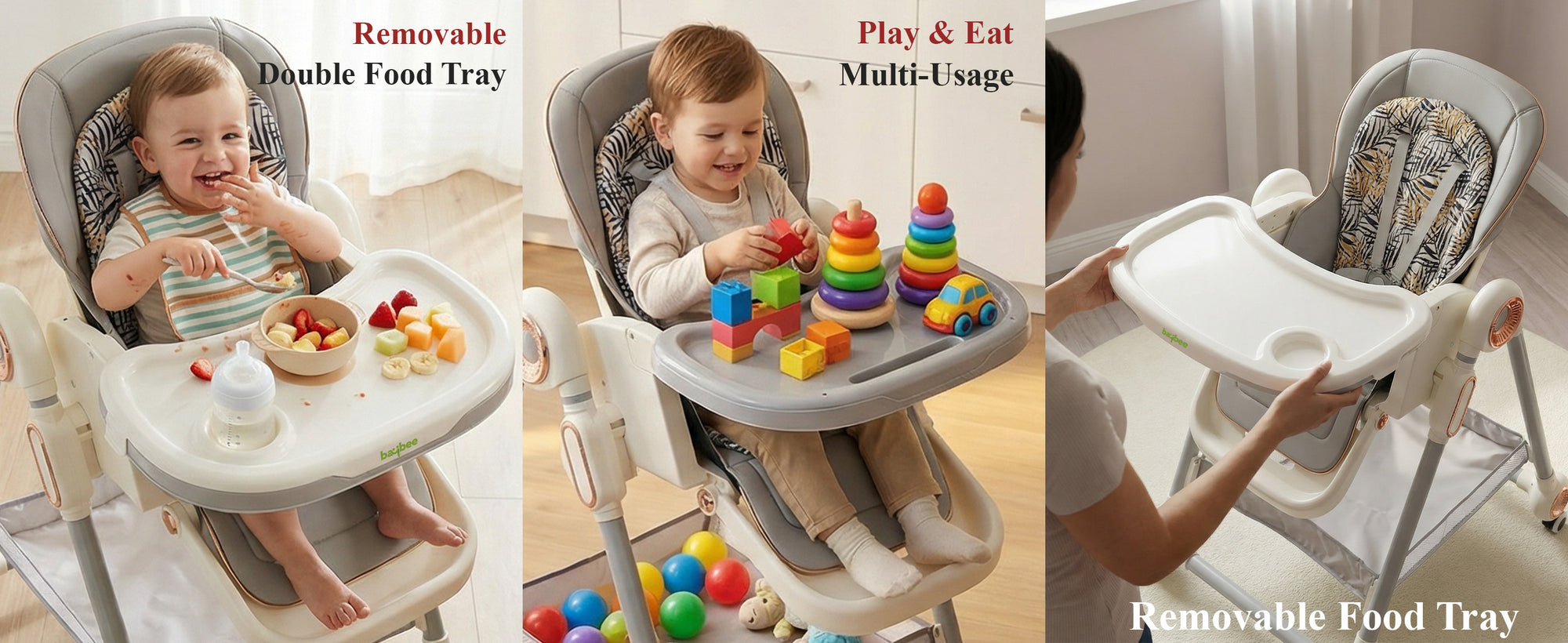 Baybee 3-in-1 Baby High Chair with Removable Double Food Tray, Reclining Seat — slide 1