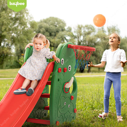 Baybee Foldable 3 in 1 Elephant Baby Garden Slider for Kids, Plastic Slides for Kids with Basketball Hook & Ball BAYBEE