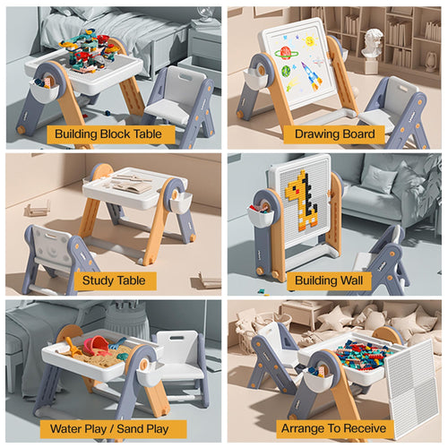 BAYBEE 6 in 1 Kids Study Table and Chair Set, Foldable, Anti Slip, Dual-Sided Tabletop, Easy to Store BAYBEE