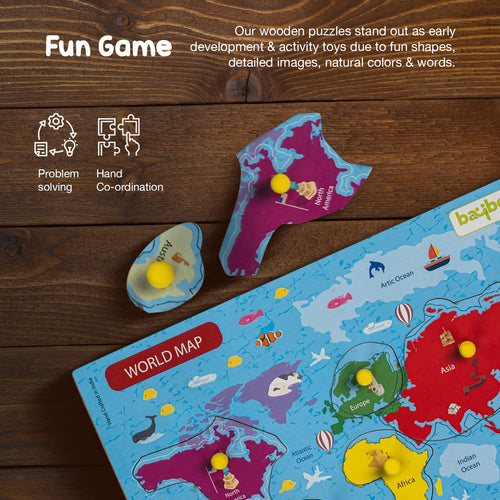 Baybee World Map Continents and Ocean Theme Wooden Puzzle for Kids with Pegs BAYBEE