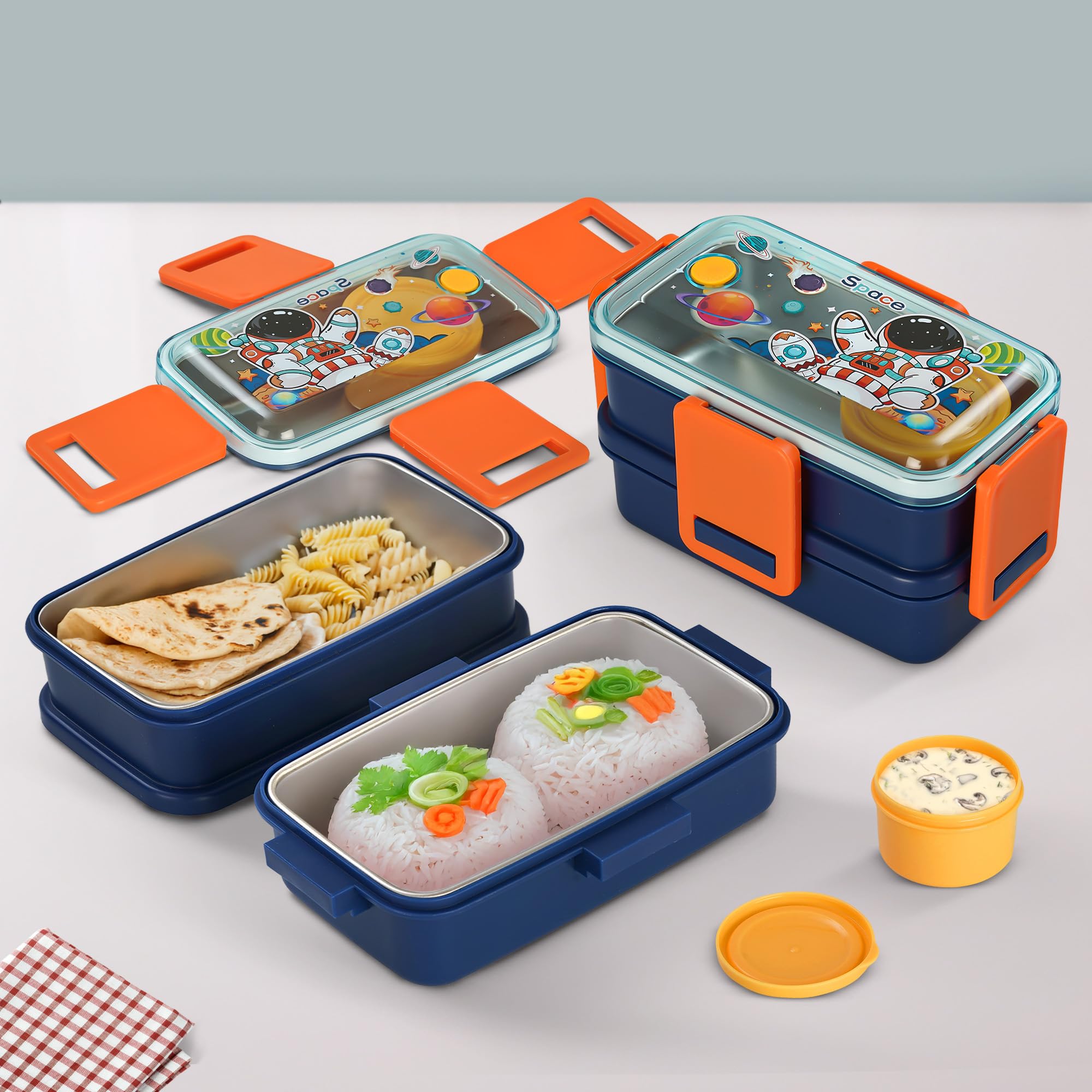 Baybee Premium Stainless Steel Lunch Box for Kids & Adults (500ml+500ml) & 80ml Sauce Container