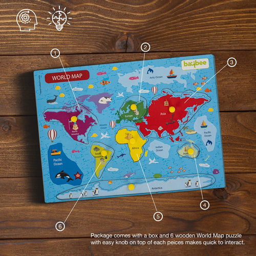 Baybee World Map Continents and Ocean Theme Wooden Puzzle for Kids with Pegs BAYBEE