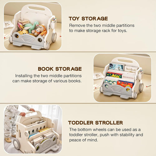 Baybee 3 in 1 Baby Push Walker for Kids, Bookshelf for Kids Room, 3-Tier Toy Book Storage Rack, Toy Organizer, Creative Drawing Board with Pen Holder BAYBEE