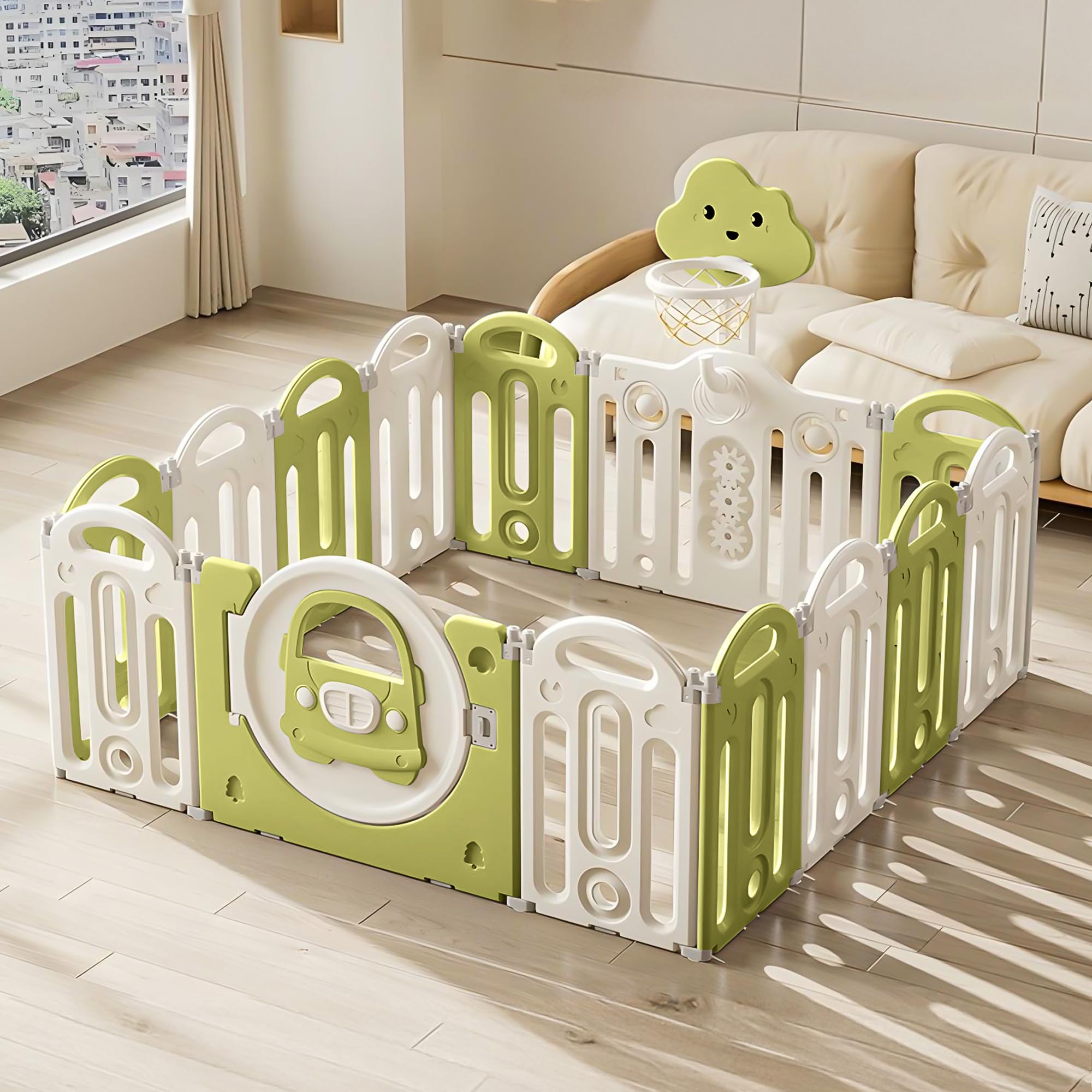 Baybee Kids Playpen for Babies Foldable Baby Play Area Indoor Setup with Basket Ball Hoop (14 Panels)