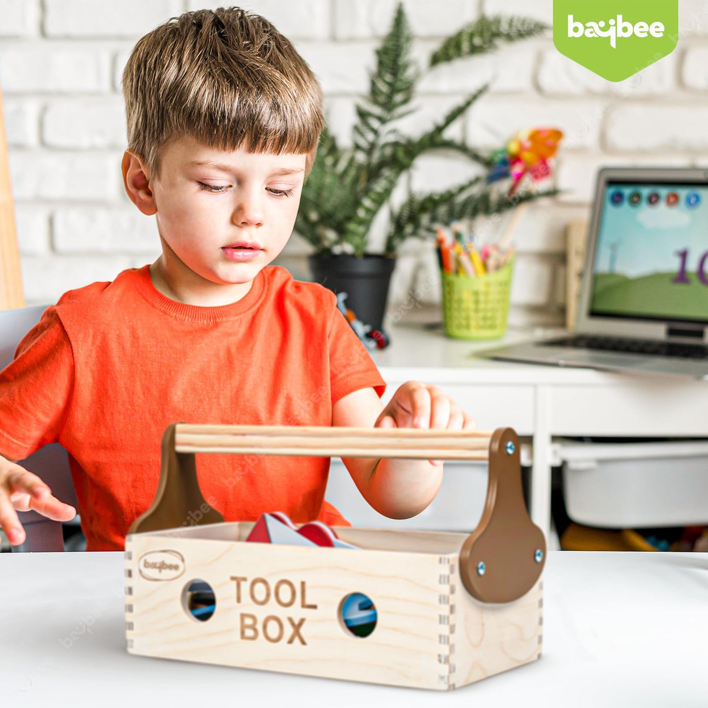 Baybee Wooden Toy Tool Kit Set for Kids | Mechanical Construction Toy Set DIY Educational Play Set | Carpenter Pretend Play Large Tool Kit for Kids | 6 Wooden Tools with Box Set for 3+ Years
