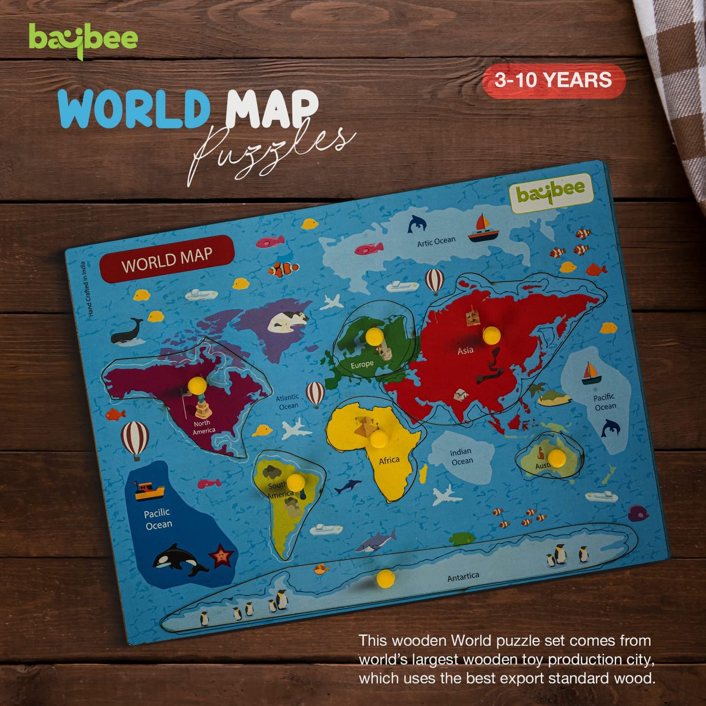 Baybee World Map Continents and Ocean Theme Wooden Puzzle for Kids with Pegs