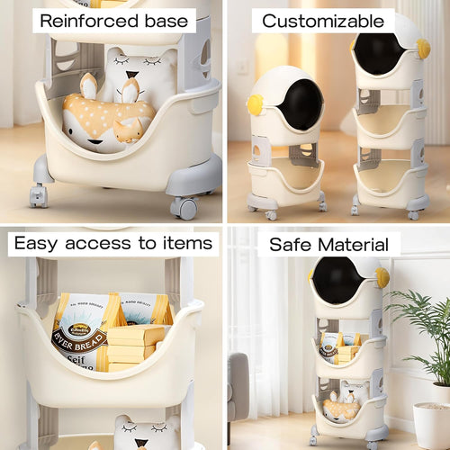 BAYBEE Astronaut Toy Storage Organizer for Kids | 3-Level Detachable Rolling Cart with Center-Locking Wheels | Bookshelf with Dust-Proof Flip Door BAYBEE