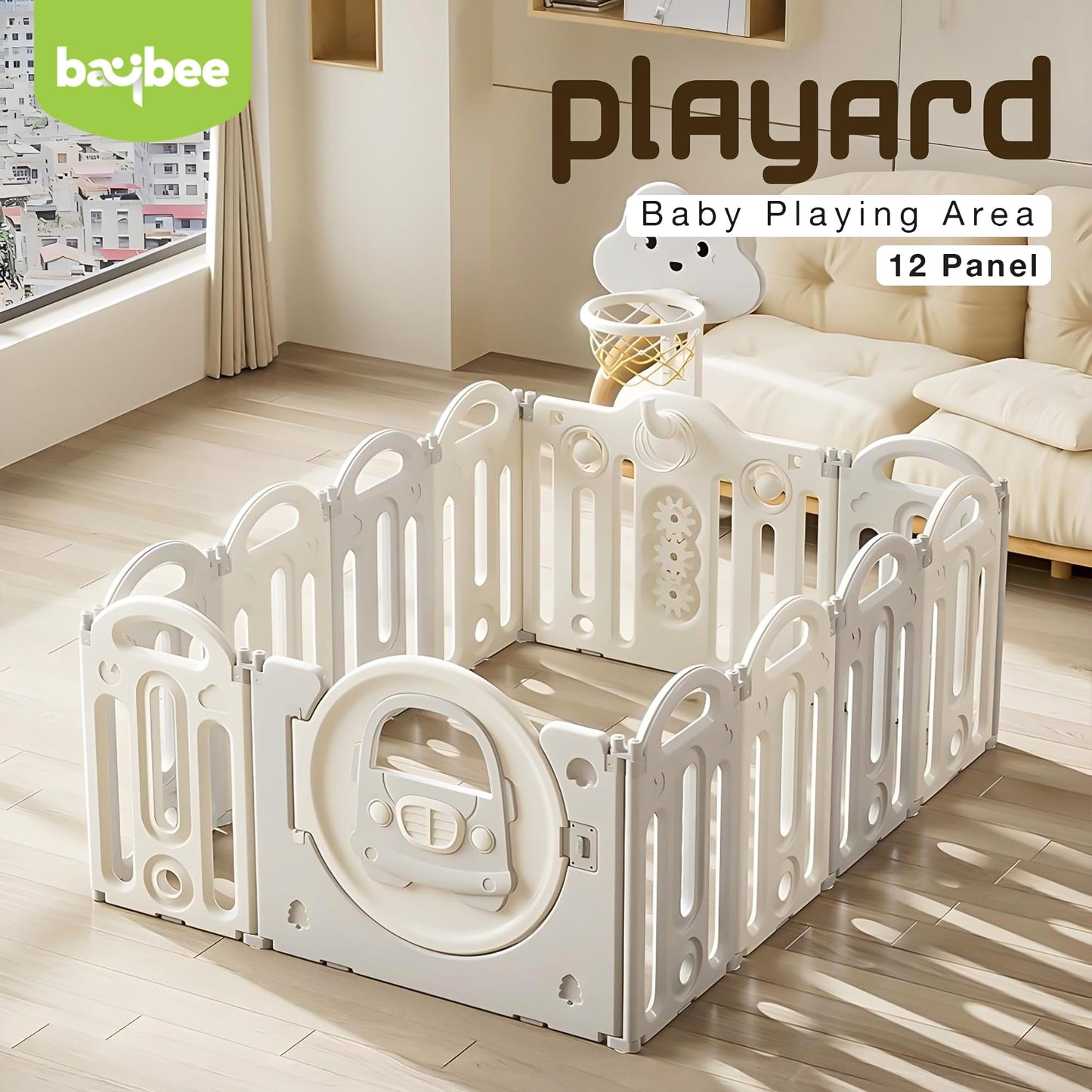 Baybee Kids Playpen for Babies Foldable Baby Play Area Indoor Setup with Basket Ball Hoop (12 Panels) Baybee India