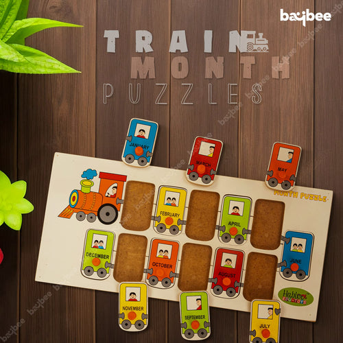 BAYBEE Toddlers Train Theme with Passenger & Months Name Educational Learning Knob Pegged Puzzle for Kids Early Reading Practice Toy for Pre-Schoolers BAYBEE