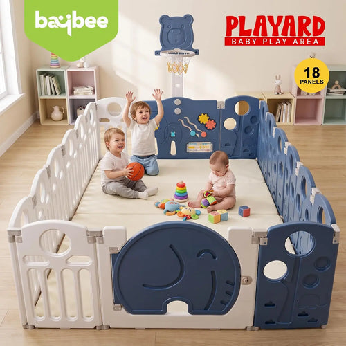 Baybee 2-in-1 Foldable Kids Playpen (18 Panel)with Basketball Set & Sensory Toys Baybee India