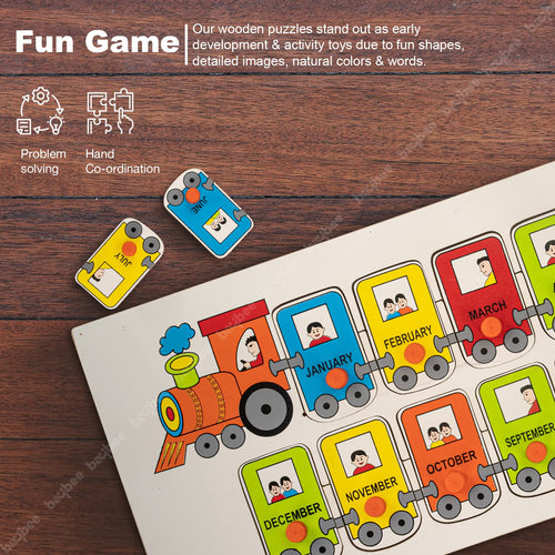 BAYBEE Toddlers Train Theme with Passenger & Months Name Educational Learning Knob Pegged Puzzle for Kids Early Reading Practice Toy for Pre-Schoolers BAYBEE