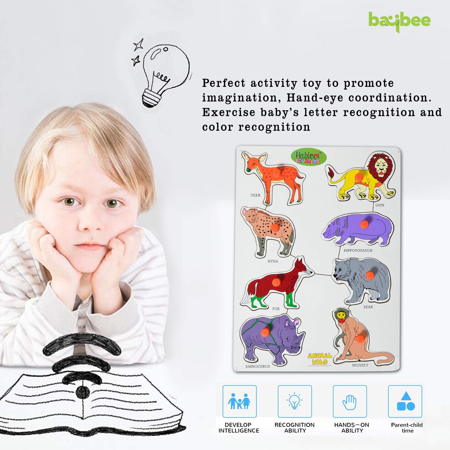Baybee Wooden Wild Animals Puzzle Games for Kids Toys with Knob