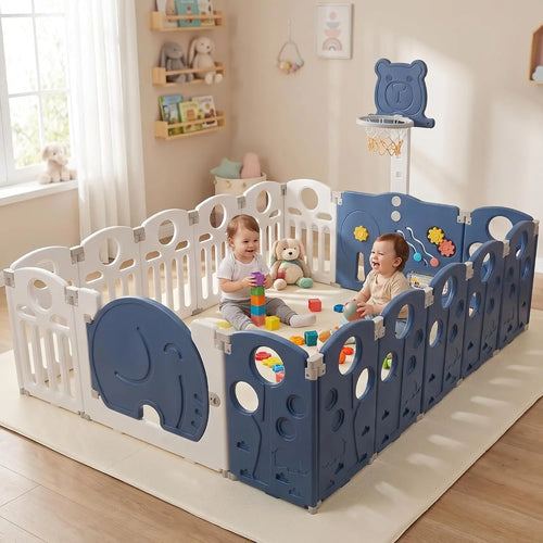Baybee 2-in-1 Foldable Kids Playpen (16 Panel) with Basketball Set & Sensory Toys Baybee India