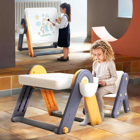 BAYBEE 6 in 1 Kids Study Table and Chair Set, Foldable, Anti Slip, Dual-Sided Tabletop, Easy to Store BAYBEE