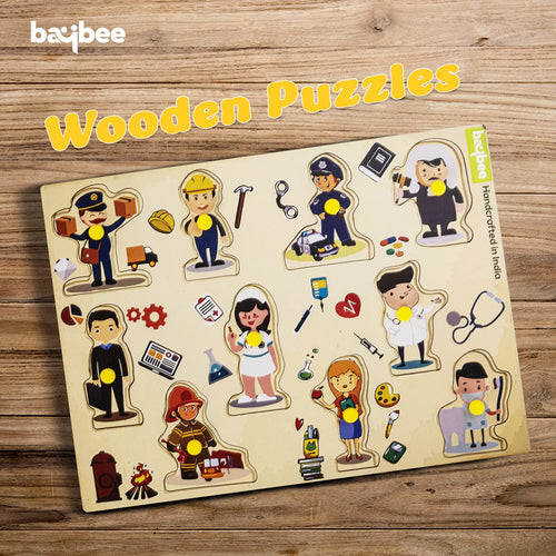 BAYBEE Community Helpers Wooden Puzzle Games for Kids with Easy Pulling Knob 10 Pcs BAYBEE