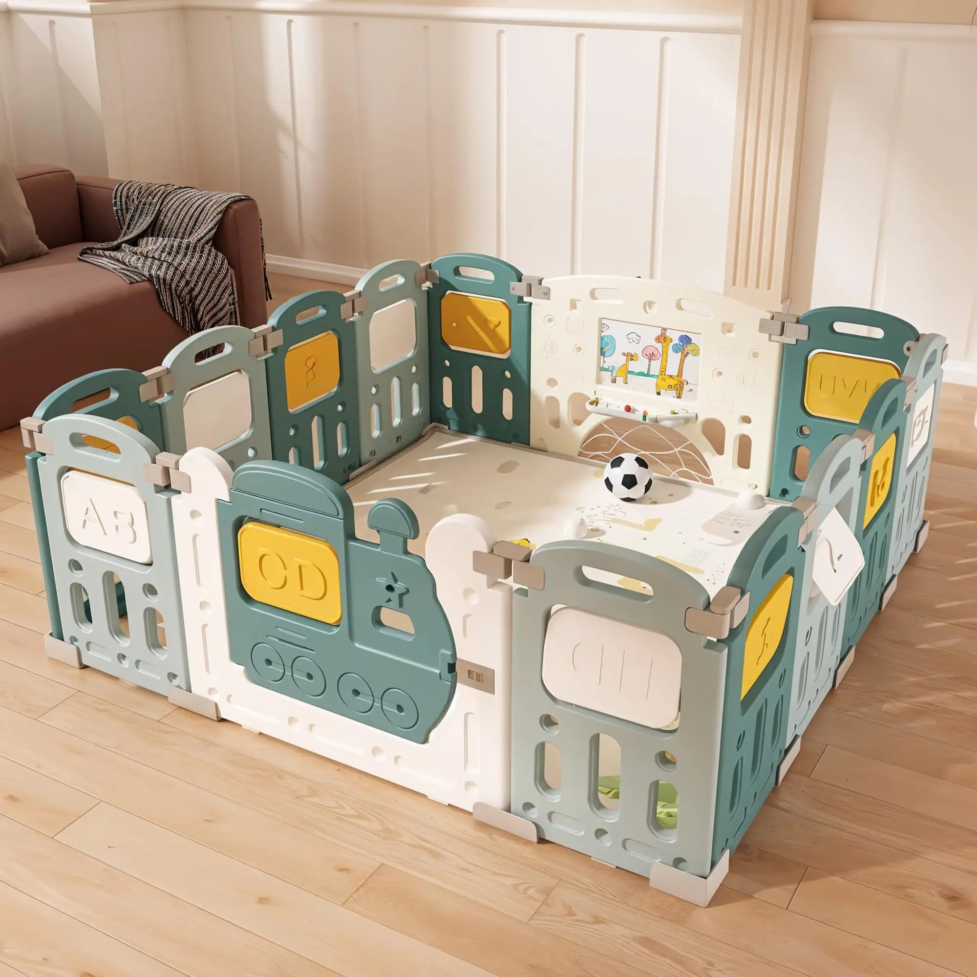 Baybee Train Kids Playpen for Babies (16 Panels) Foldable Baby Play Area Indoor Setup with Safety Lock
