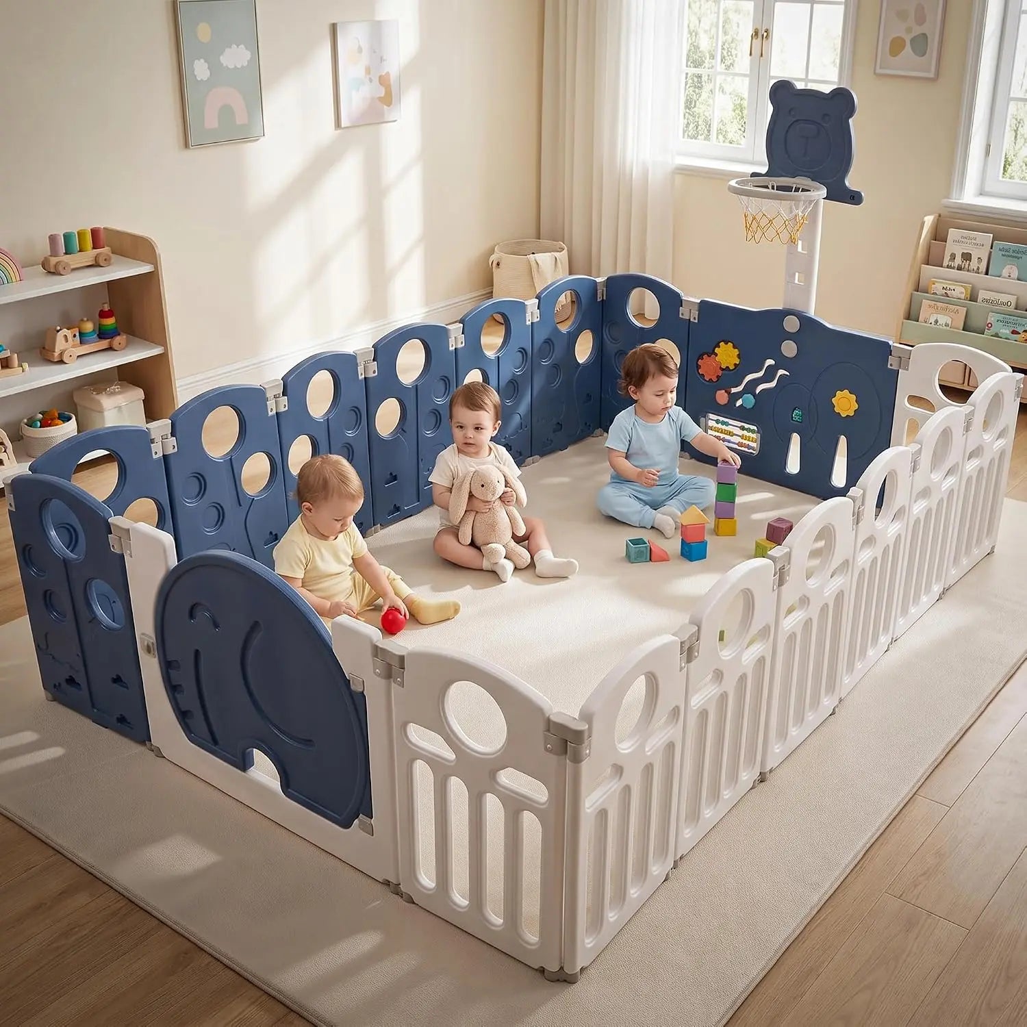 Baybee 2-in-1 Foldable Kids Playpen (18 Panel)with Basketball Set & Sensory Toys