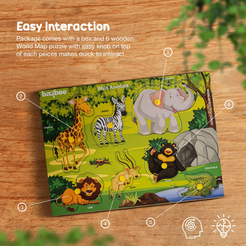 BAYBEE Kids Wooden Puzzle Wild Animals Theme Learning Educational Toy 7 pcs with Knob BAYBEE