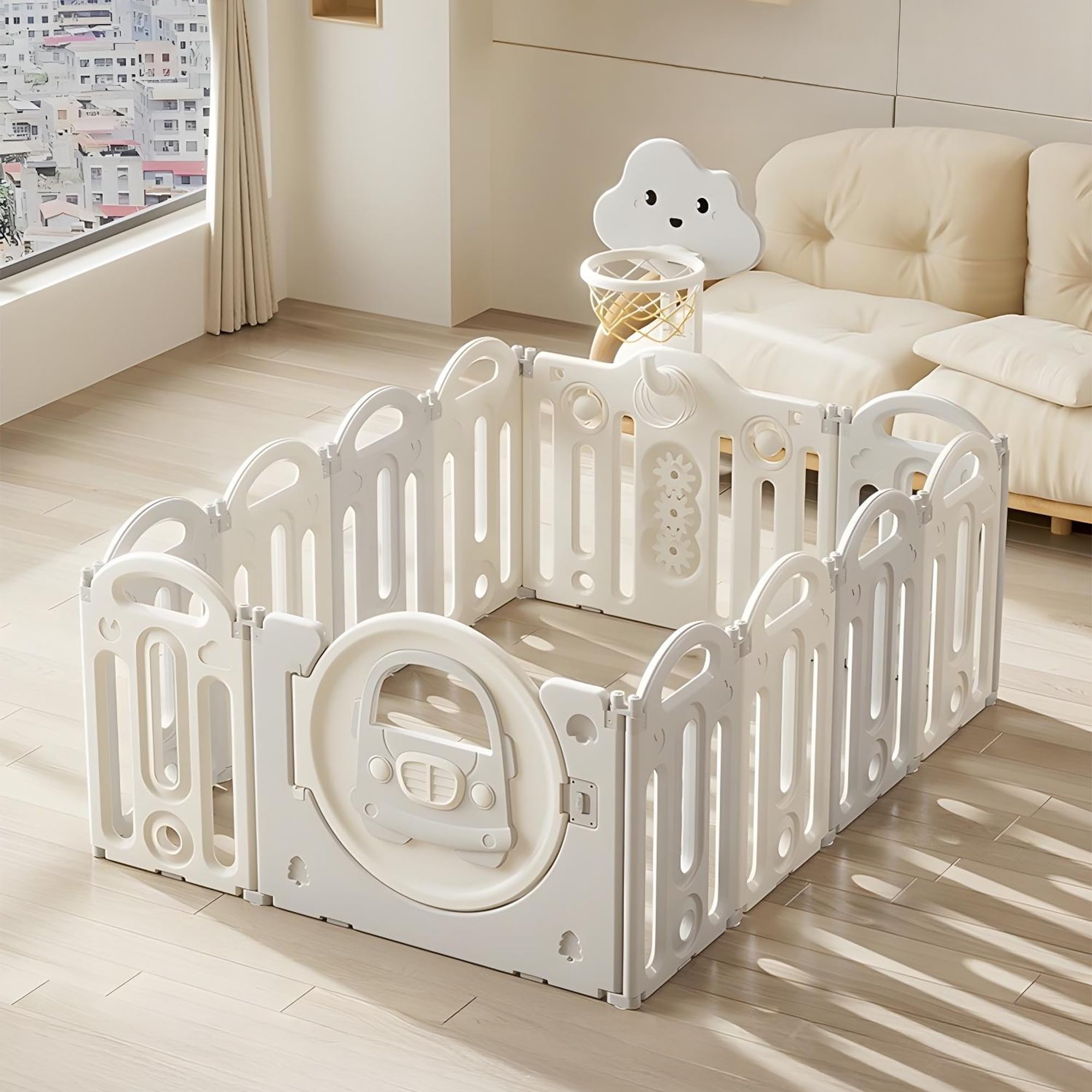 Baybee Kids Playpen for Babies Foldable Baby Play Area Indoor Setup with Basket Ball Hoop (12 Panels)