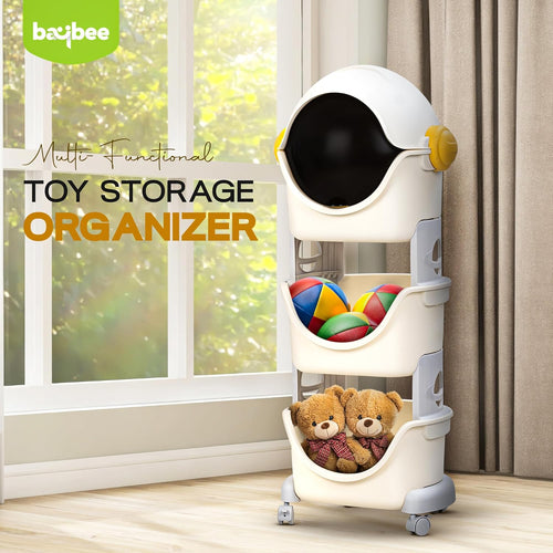 BAYBEE Astronaut Toy Storage Organizer for Kids | 3-Level Detachable Rolling Cart with Center-Locking Wheels | Bookshelf with Dust-Proof Flip Door BAYBEE