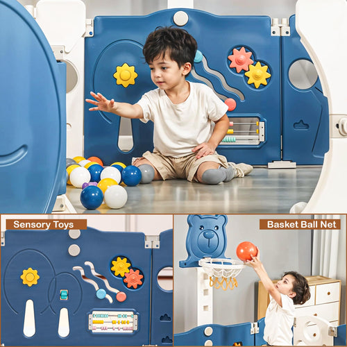 Baybee 2-in-1 Foldable Kids Playpen with Basketball Set & Sensory Toys Baby Play Yard with Safety Lock for 0-5 Years (18 Panel) Baybee India