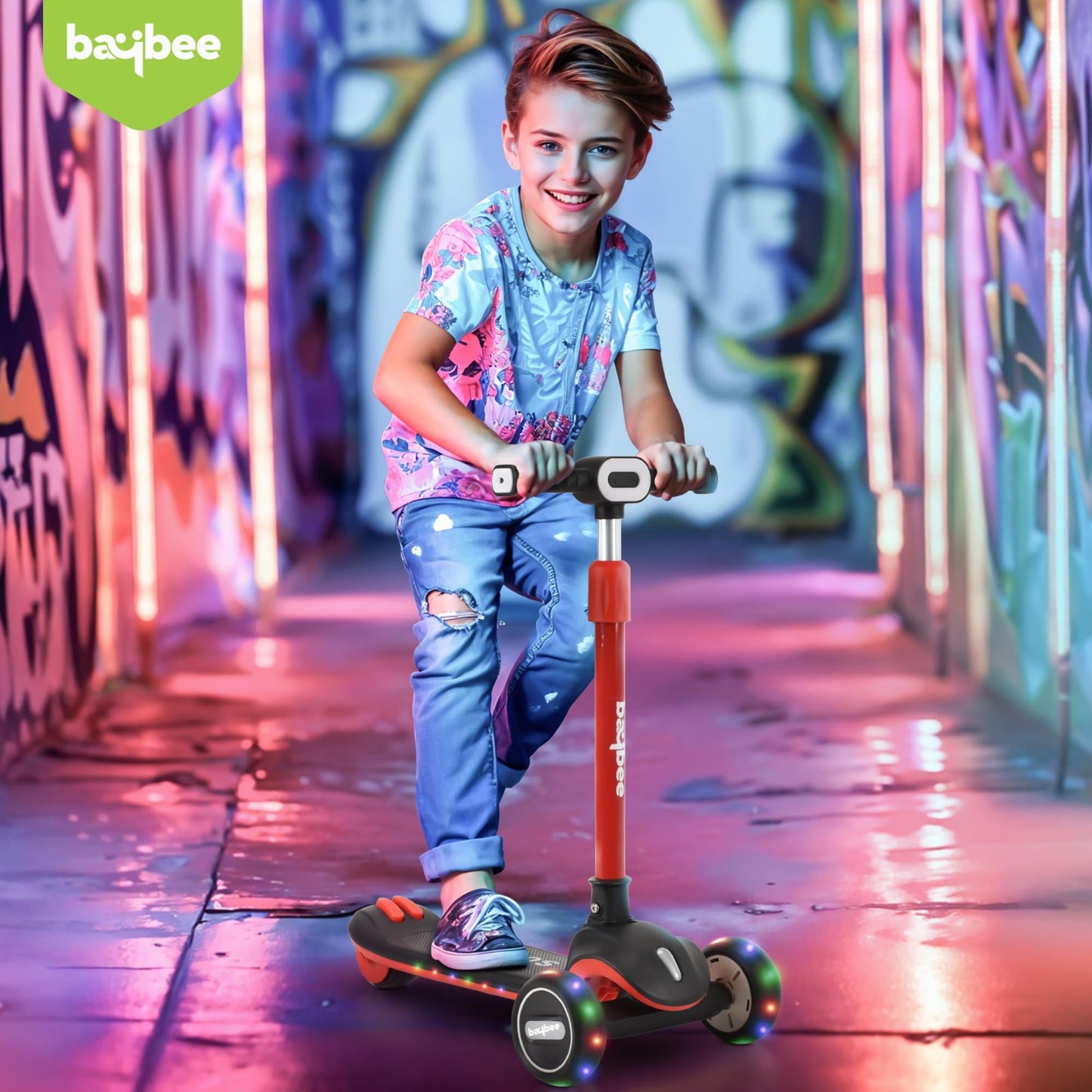 Baybee Cruze Pro Kick Scooter for Kids | Foldable Kids Scooter with 3 Height Adjustable Handle & Brake | Skate Scooter with Lights & Music | Runner Scooter for Kids 2 to 8 Years Boys Girls