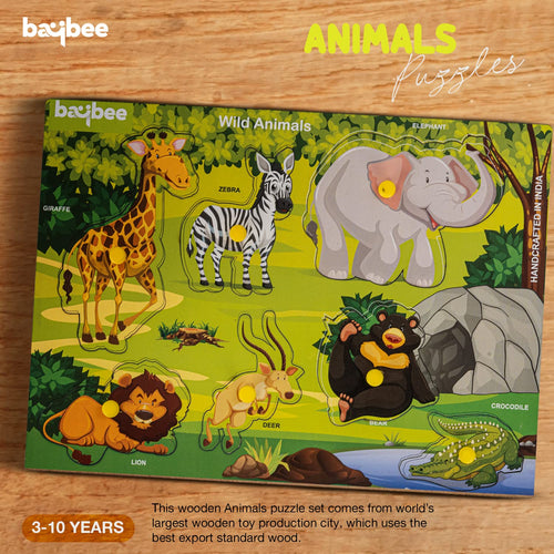 BAYBEE Kids Wooden Puzzle Wild Animals Theme Learning Educational Toy 7 pcs with Knob BAYBEE
