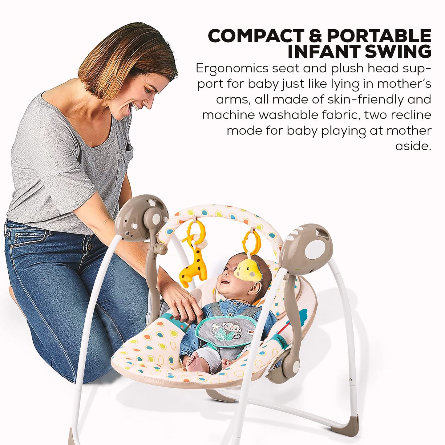 Baybee Amea Automatic Electric Baby Swing Cradle with 2 Position Recline, 6 Speed, Remote Control & 3 Point Safety Belt - Beige