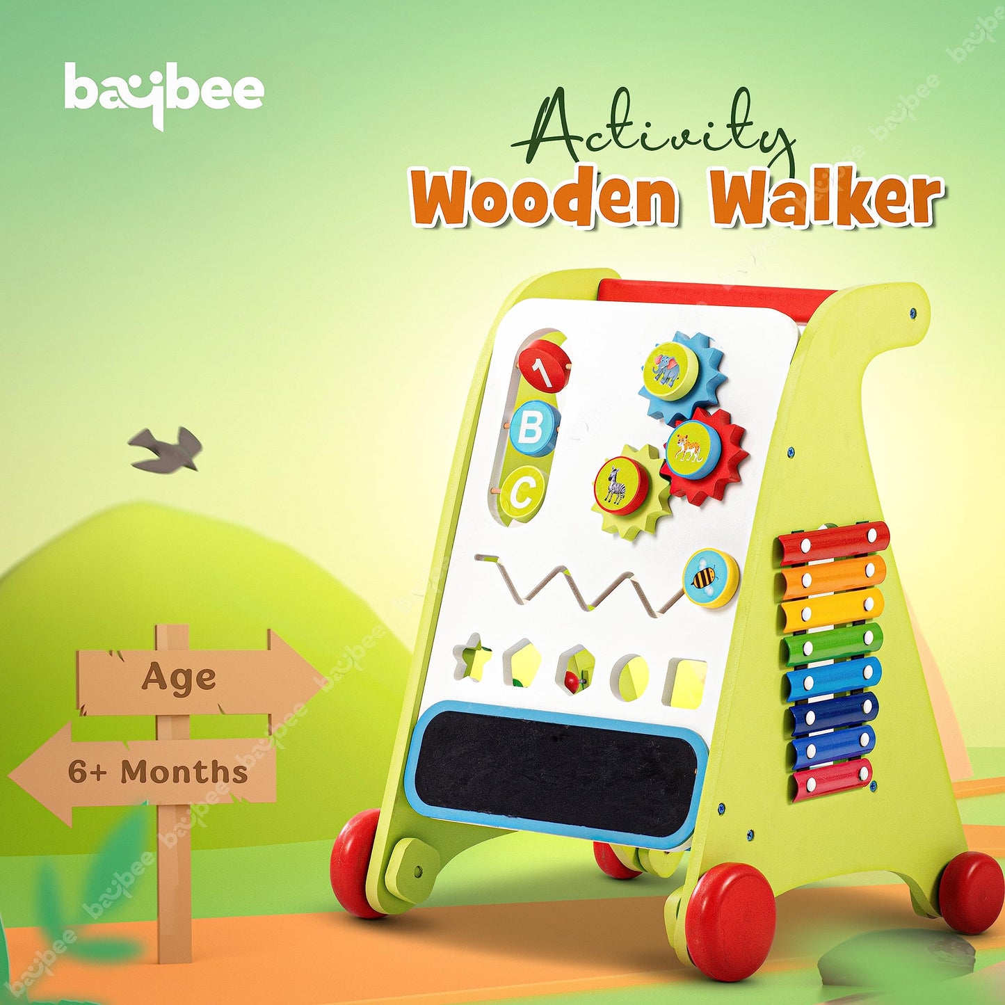 Baybee Wooden Activity Push and Pull Walker for Kids, Learning Sit to Stand Baby Walker