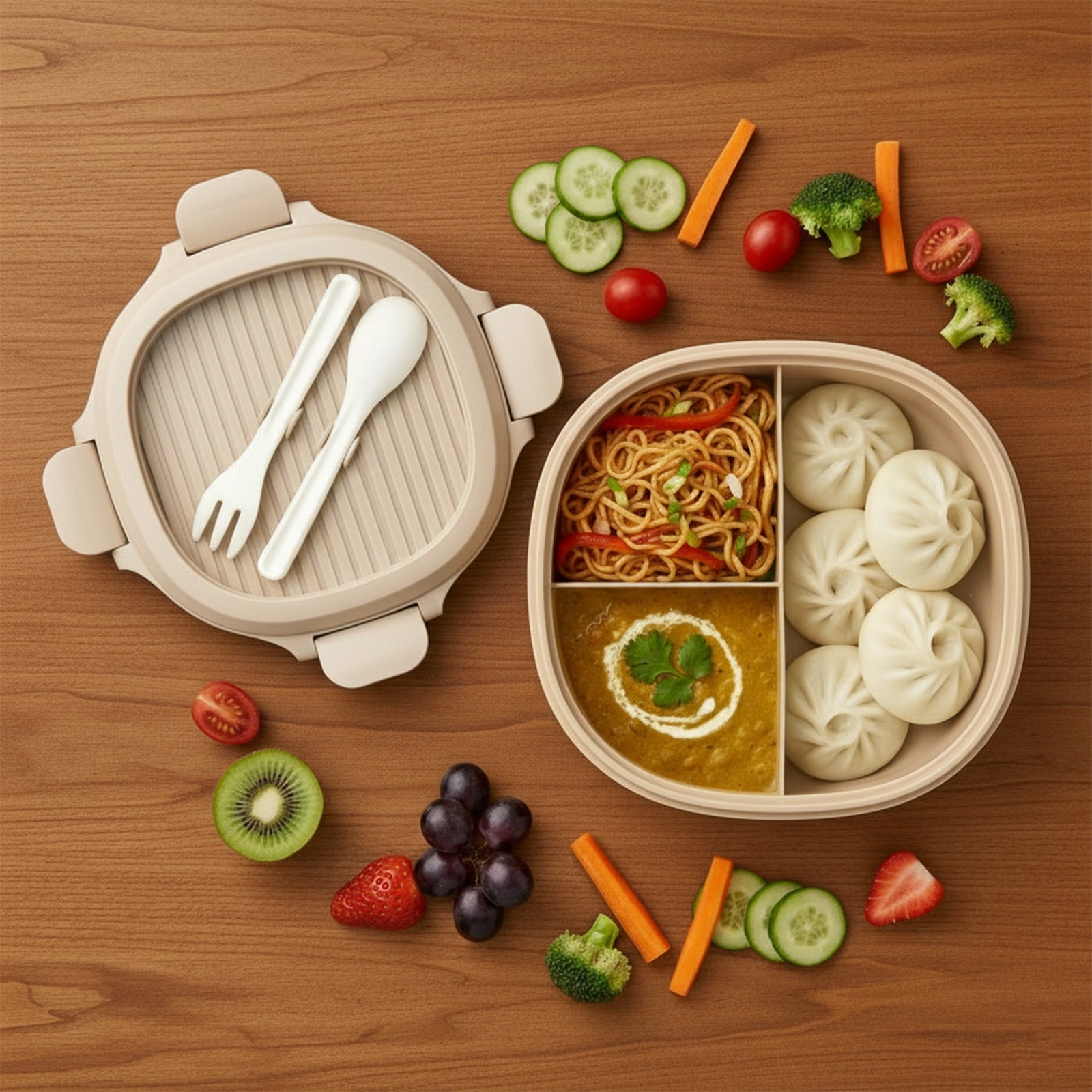 Baybee Lunch Box for kids 3 Compartment with Spoon & Fork (1100ml)